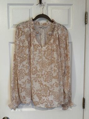 LOFT Cream and Tan Floral Ruffle-Neck Blouse